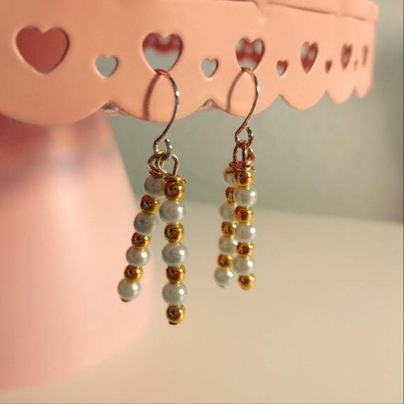 Handmade Beaded Chopstick Dangle Earrings, Blue Pearls and Gold Seed Beads - Picture 1 of 3